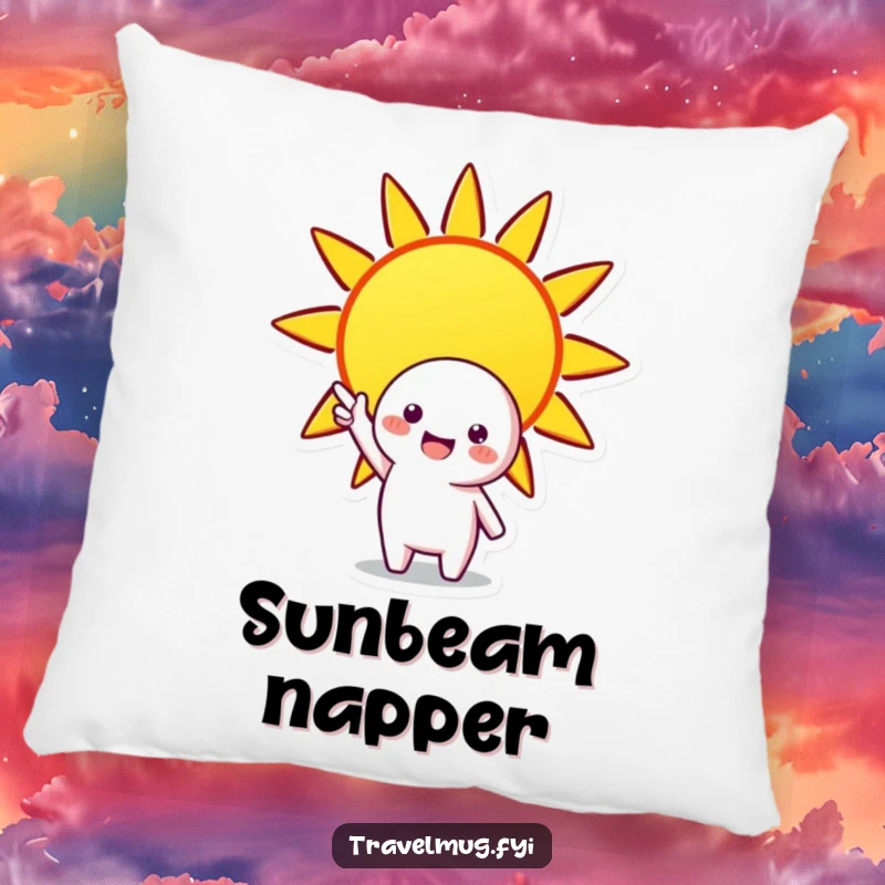 Funny pillow with a cheerful character pointing at a bright sun, offering soft, humorous decor for sunny personalities.