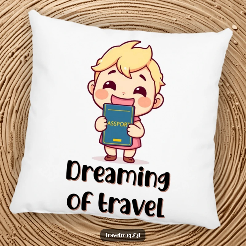 Funny Pillow with a kawaii character grinning widely while holding a passport, bringing comfort and travel-themed humor.