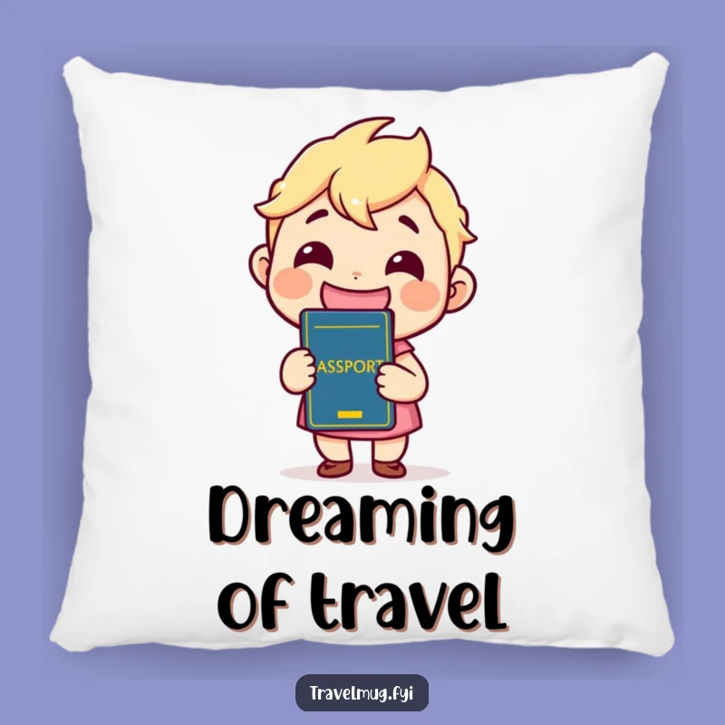 Rest your head on dreams of adventure with this soft pillow featuring a kawaii character beaming with a huge grin while holding their passport. Perfect for adding travel-themed cheer.