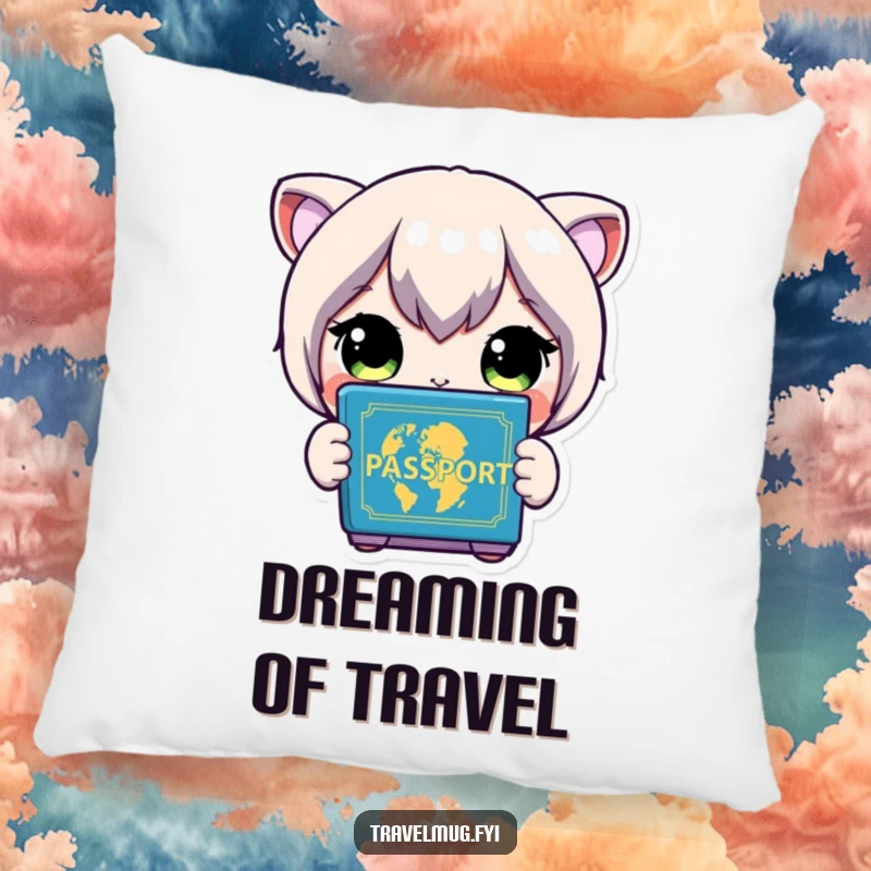 Funny Pillow: A character with wide eyes holds a colorful passport, representing the excitement of travel.