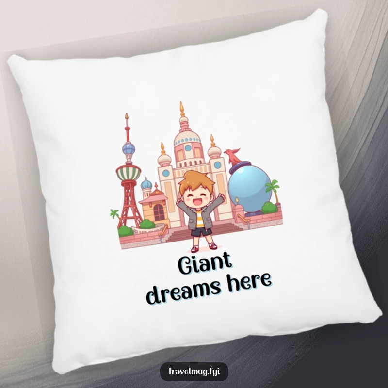 Funny pillow depicting a character joyfully posing in front of a landmark made of oversized everyday items.