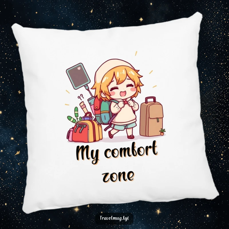 Funny pillow showcasing a character gleefully packing a backpack full of comical items, bringing humor and comfort.