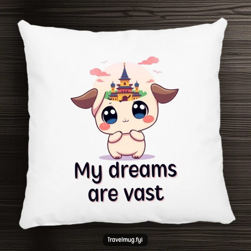 Funny pillow showcasing a wide-eyed kawaii character looking at a colorful, distant landmark, offering comfort and a humorous touch.