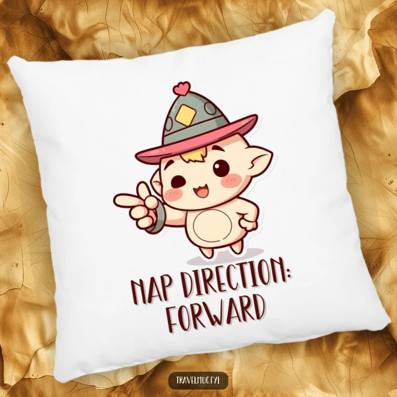 Funny Pillow: A character wearing a jaunty hat enthusiastically pointing forward, perfect for adding motivating comfort to any room.