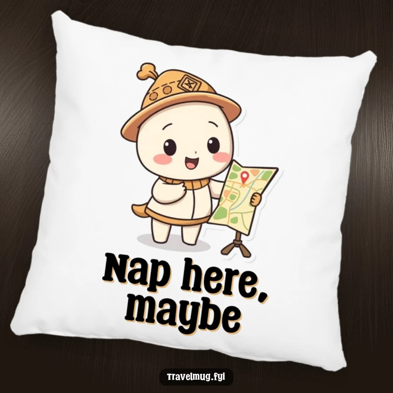 Funny pillow features a character in a silly hat pointing at a funny map, offering comfort and adventure humor.
