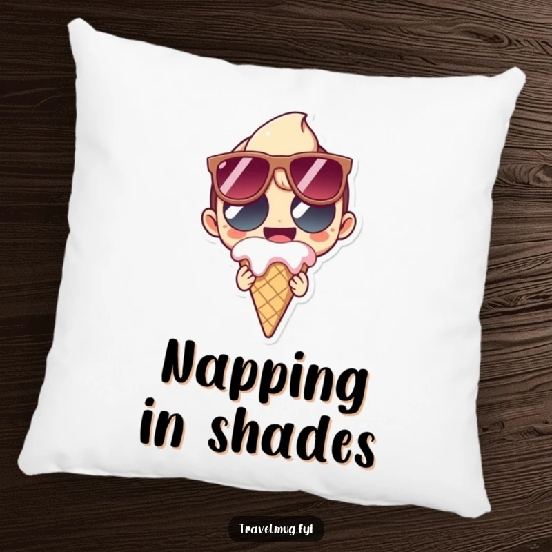 Funny Pillow showing a character in oversized sunglasses grinning while holding a melting ice cream cone, perfect for cozy, summery decor.