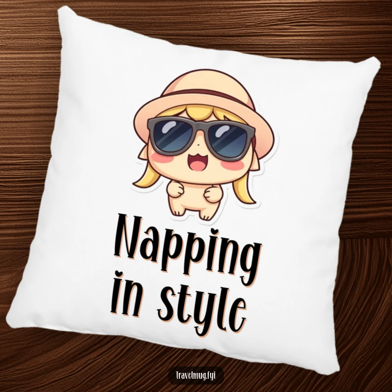 Funny Kawaii Pillow, a cool character with sunglasses and a hat, looking thrilled for cozy comfort.