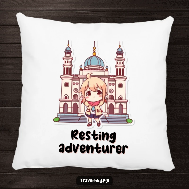 Funny pillow featuring a character playfully posing at a famous landmark, offering comfort and a humorous travel accent.