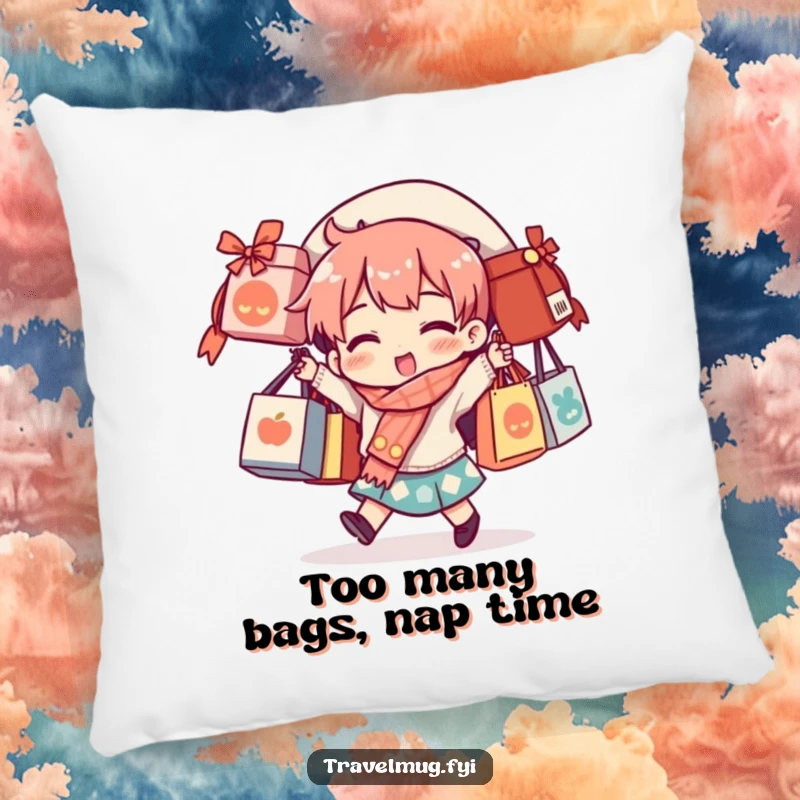Funny pillow with a character comically struggling to balance numerous souvenir bags, adding humor to home decor.