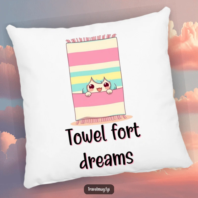 Funny beach peeker pillow, a character peeking from behind a striped beach towel, perfect for cozy, humorous decor.