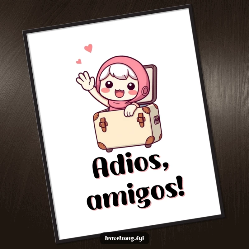 Funny Digital Art Print: A cute character waving goodbye from a small suitcase, perfect for printable wall decor and travel lovers.