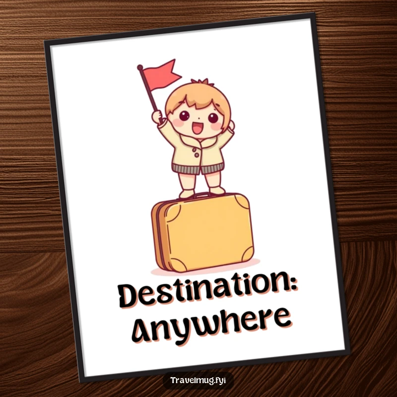 Funny Digital Art Print of a character excitedly waving a tiny flag while standing on a suitcase, perfect for instant travel decor.