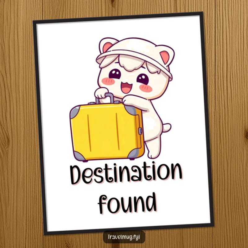 Funny Kawaii Digital Art Print, a character gleefully pointing at a suitcase, evoking wanderlust and travel excitement.