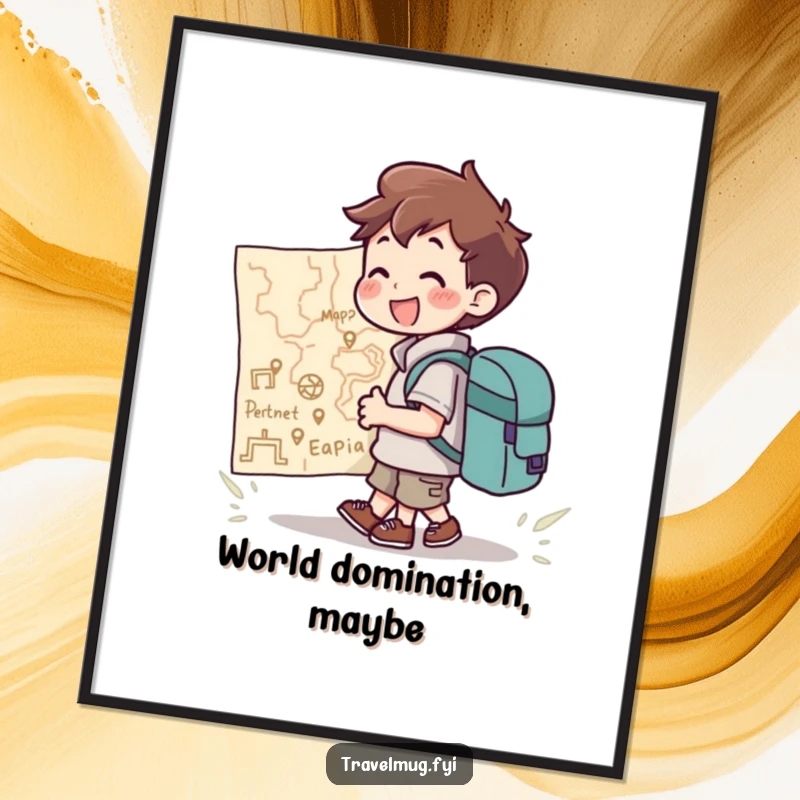 Funny Digital Art Print: A character with a backpack joyfully looking at a giant map, perfect for printable wall art and travel lovers.