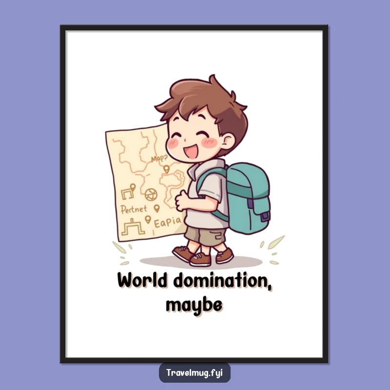 Funny Digital Print: Backpack Character Joyfully Views Giant Map, Instant Funny Decor!