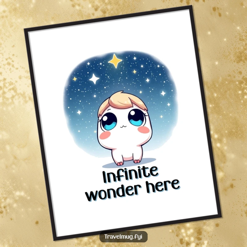 Funny Digital Art Print: A character with wide eyes looking up at a star-filled sky, perfect for printable wall art and dreamers.