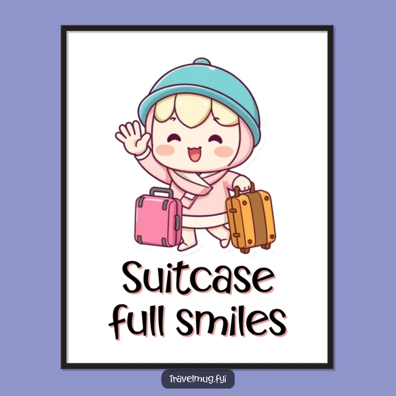 Instantly download and print this exciting digital art featuring a kawaii character joyfully waving goodbye with a suitcase. Add a burst of departure enthusiasm to your decor.