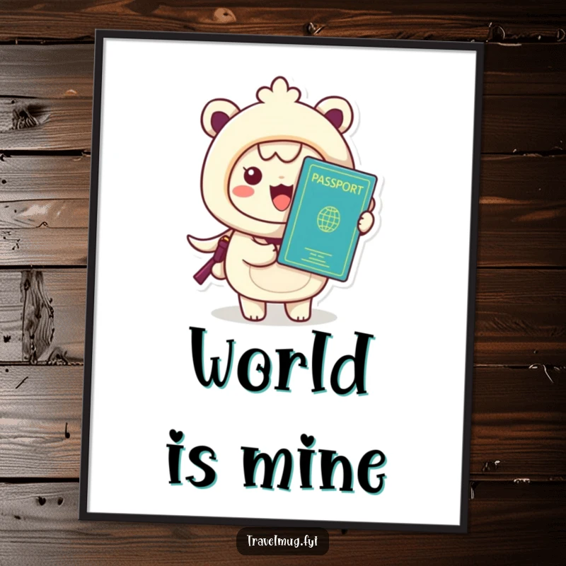 Funny Kawaii Digital Art Print, an excited character clutching a passport, symbolizing the joy of international travel.