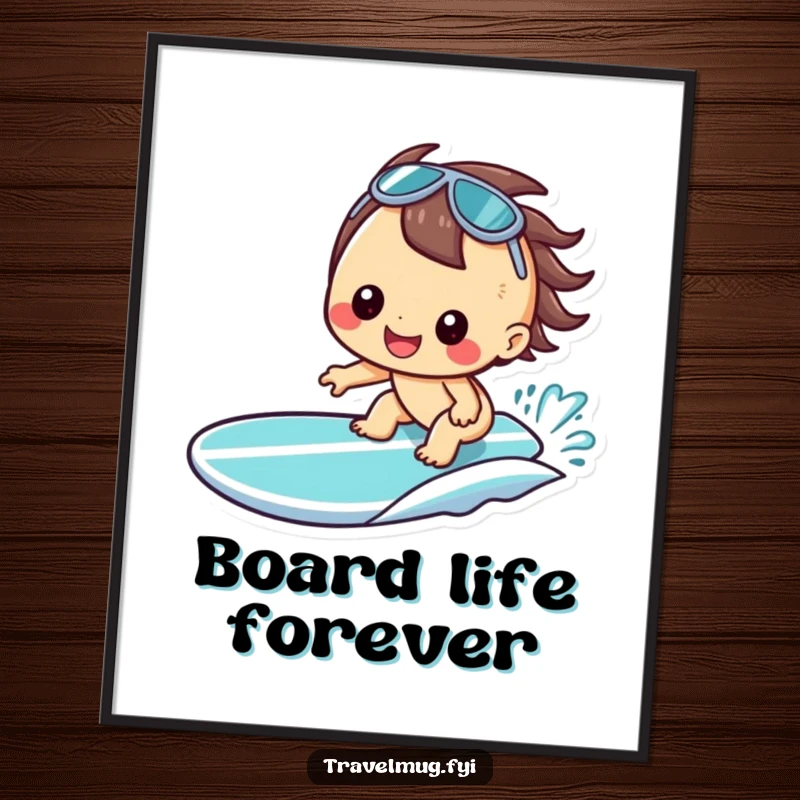 Funny Kawaii Digital Art Print, a happy character grinning on a surfboard, symbolizing beach fun and surfing.
