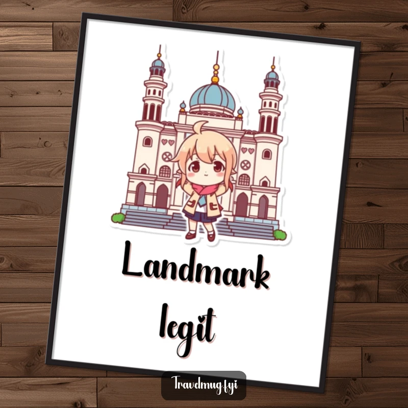 Funny digital art print of a character playfully posing at a landmark, offering instant humorous travel-themed decor.