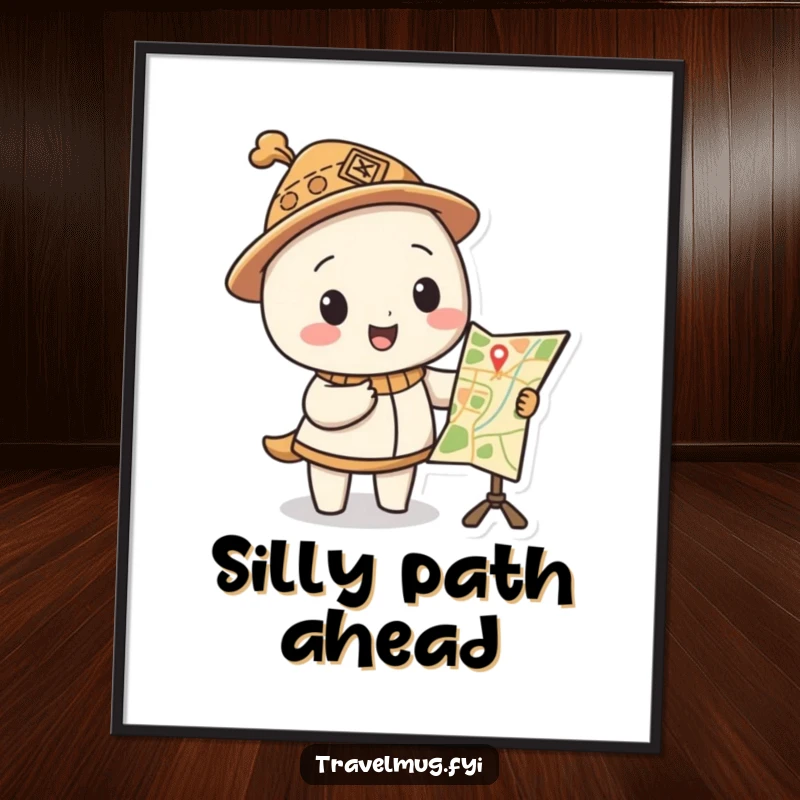 Funny digital art print of a character in a silly hat pointing at a funny map, ideal for adventurous decor.