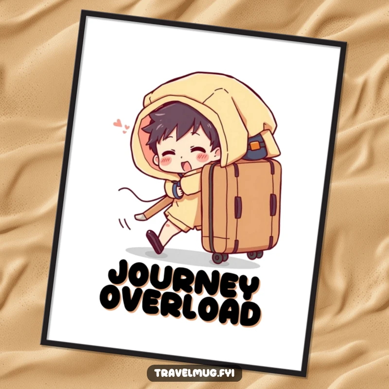 Funny digital art print of a character comically struggling with an overflowing suitcase, ideal for humorous decor.