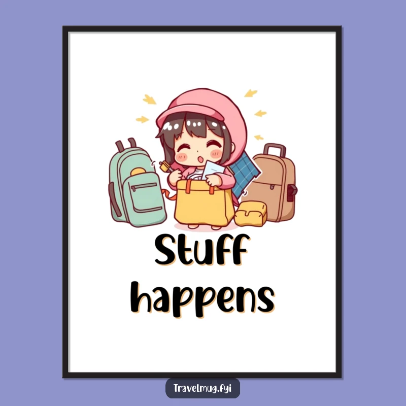 Funny Packing Digital Art: Character Overstuffs Bag, Instant Travel Decor