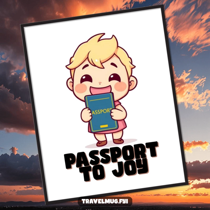 Funny Digital Art Print of a kawaii character grinning widely while holding a passport, radiating travel excitement and humor.