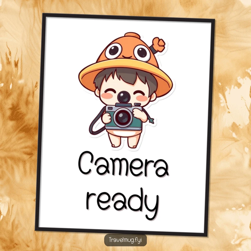 Funny digital art print of a character in a funny hat holding a camera, offering instant photography-themed humor.