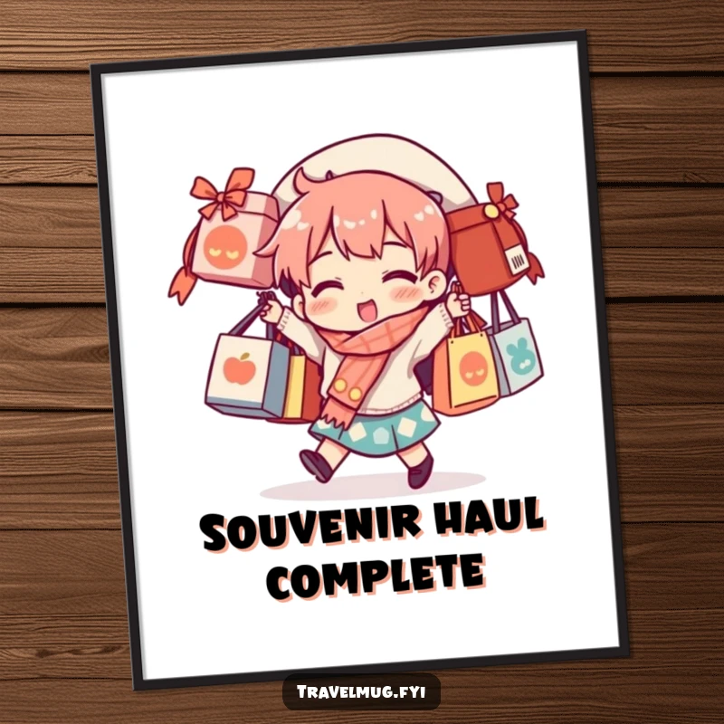 Funny digital art print of a character comically balancing numerous souvenir bags, ideal for home or office decor.