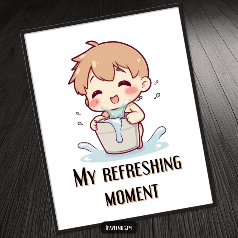 Funny digital art print of a character playfully splashing water from a tiny bucket, perfect for bringing cheerful humor.