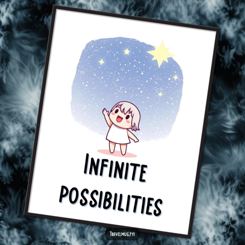 Funny Digital Art Print: A character enthusiastically points towards a distant, star-filled sky, captivating viewers.