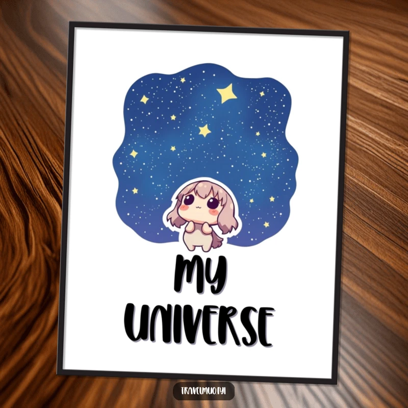 Funny digital art print of a character looking up at a starry night sky with wonder, offering instant celestial decor.