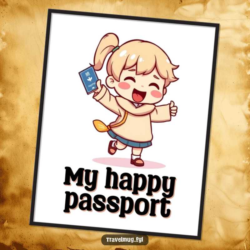 Funny passport dance digital art print, a character dancing with a passport, perfect for instant travel-themed decor.