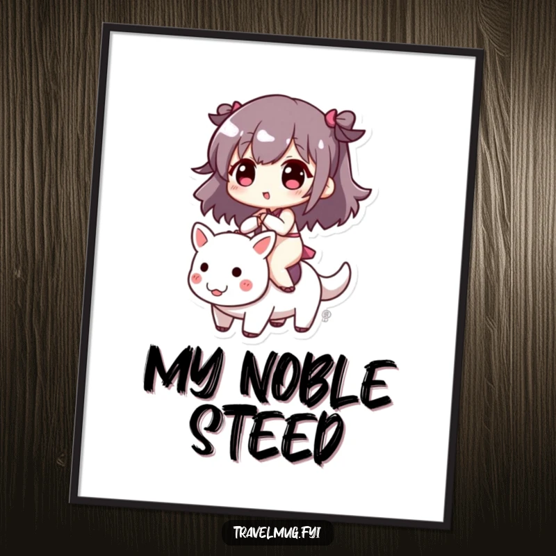 Funny digital art print of a cute character joyfully riding a small, energetic creature, perfect for immediate cheerful wall decor.