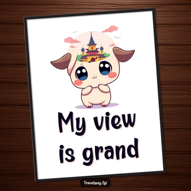 Funny digital art print of a wide-eyed kawaii character admiring a colorful, distant landmark, ideal for instant download and humorous decor.