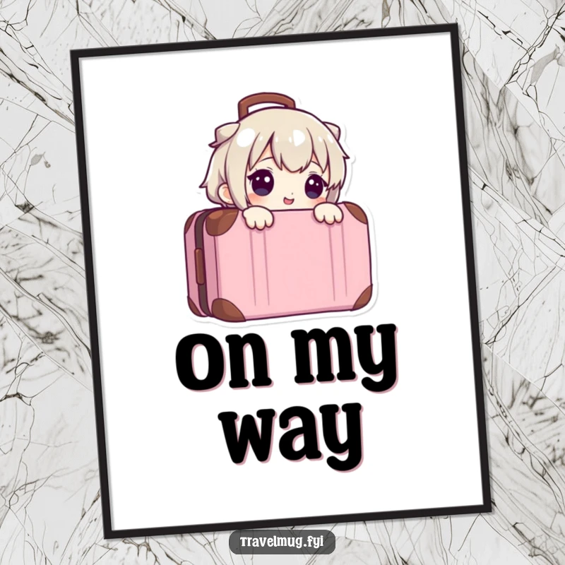 Funny digital art print of a cute character peeking from a suitcase, perfect for instant download and travel-themed decor.