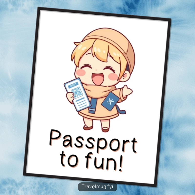 Funny Digital Art Print: A character gleefully holding a passport and ticket, perfect for printable wall art and travel lovers.