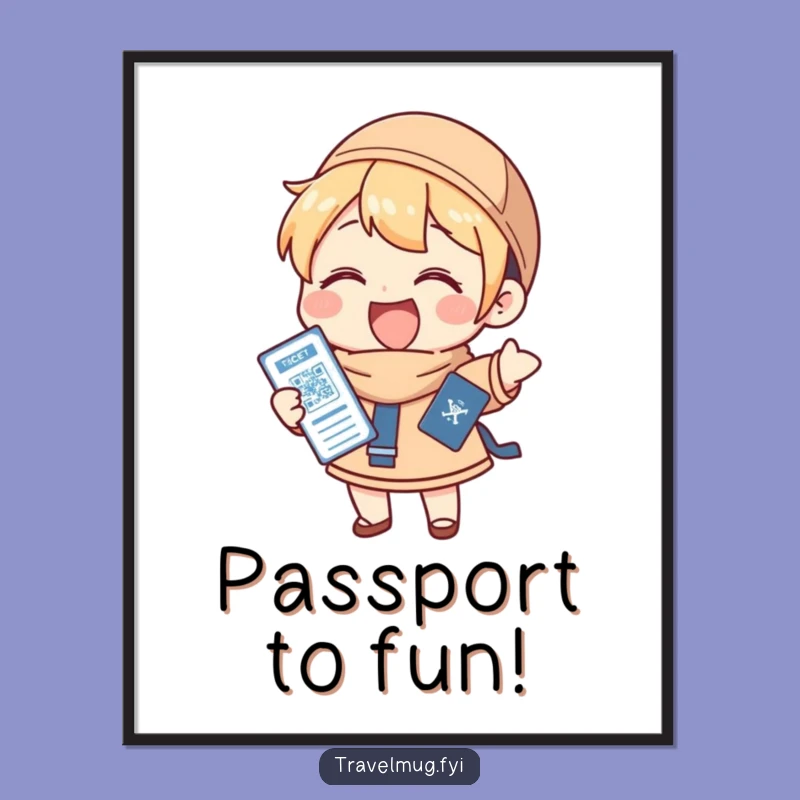 Funny Digital Print: Character Holds Passport & Ticket Gleefully, Instant Funny Decor!