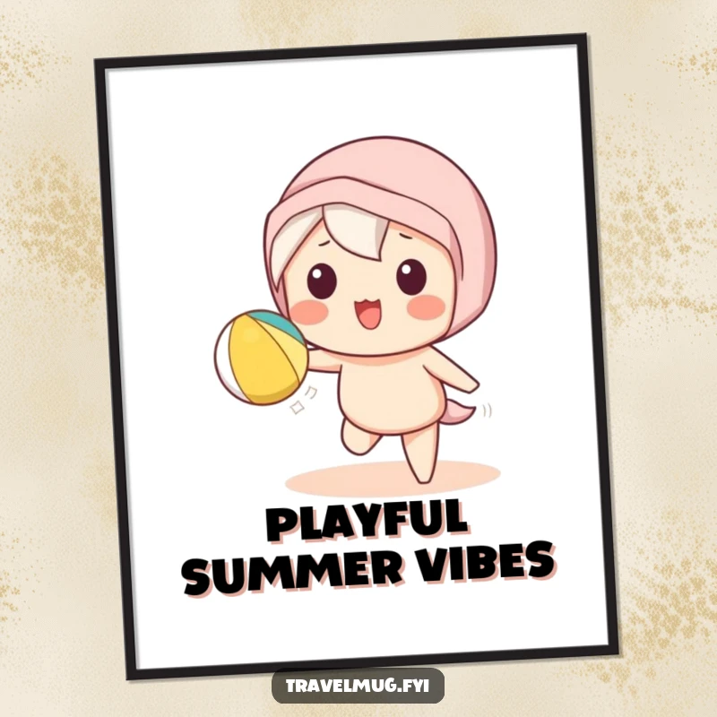 Funny Kawaii character digital art print of a cute character playfully tossing a beach ball, downloadable summer fun.