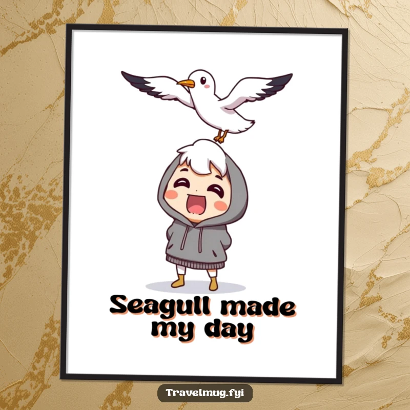 Funny character comically surprised by a flying, smiling seagull, a humorous and charming digital art print.