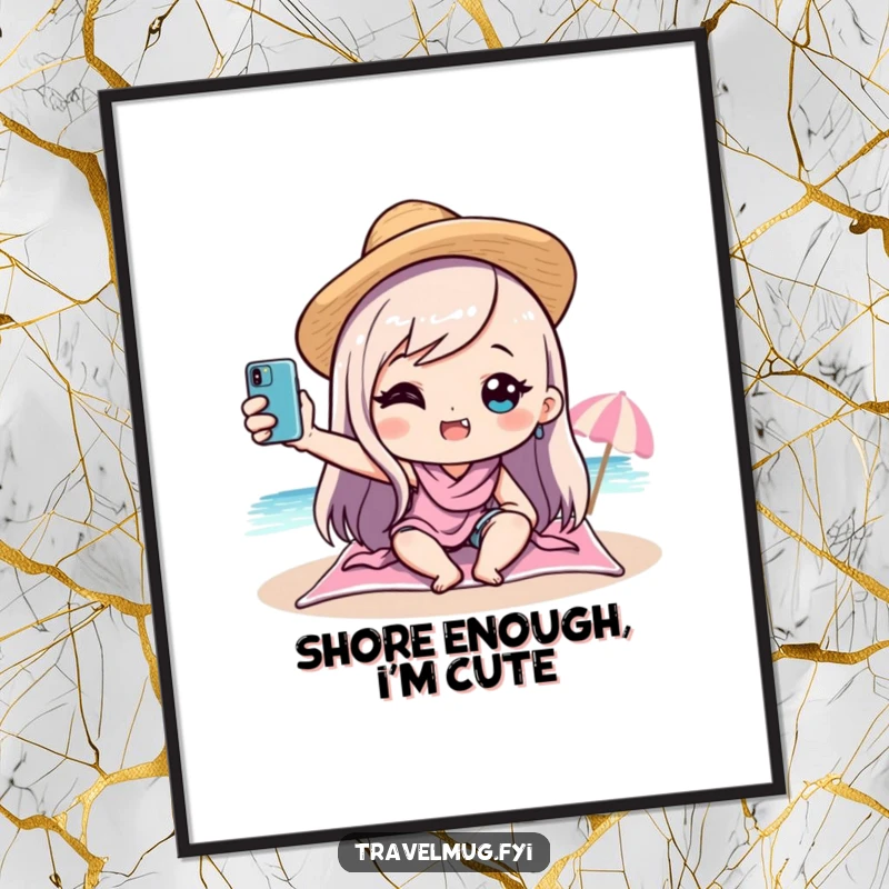 Funny kawaii character capturing a beach selfie, presented as digital art, ready for instant download and display, bringing vacation humor to any room.