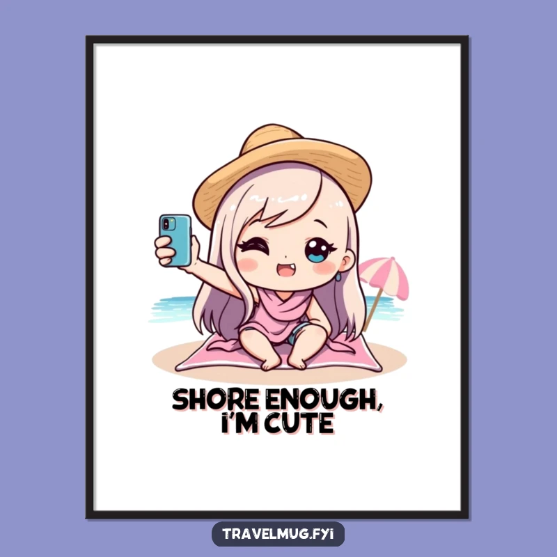 Funny Kawaii Beach Selfie Digital Art: Hilarious Vacation Decor, Instant Funny Gift Download