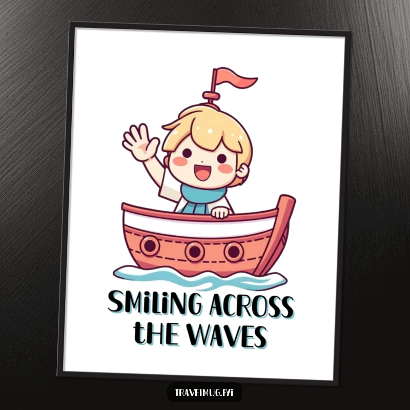 Funny digital art print of a character smiling and waving from a boat, perfect for nautical-themed spaces.