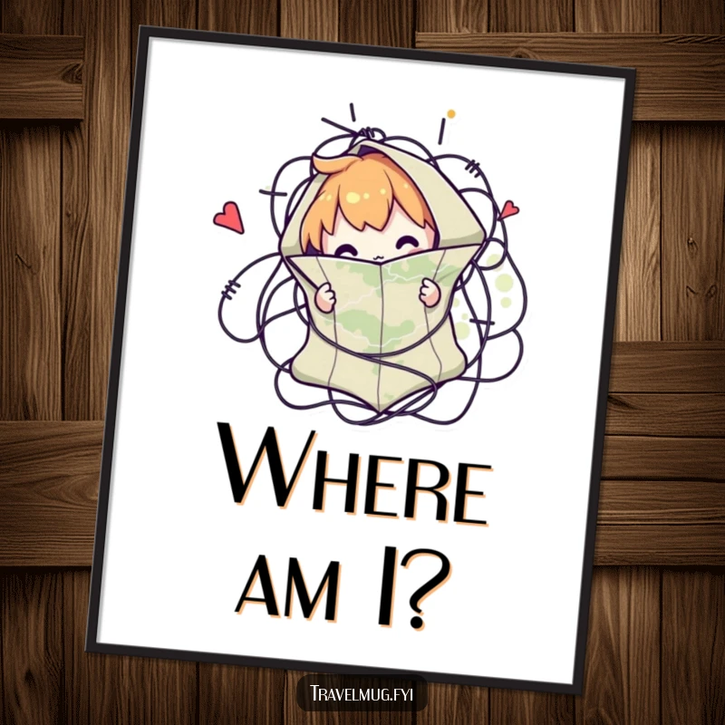Funny digital art print of a character comically tangled in a map, instant humorous decor for travel enthusiasts.