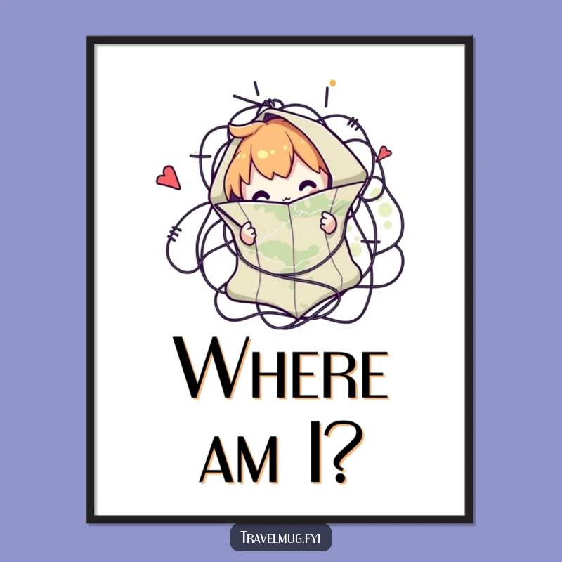 Funny Map Tangle Digital Art: Character Lost In Cartography, Instant Wall Decor