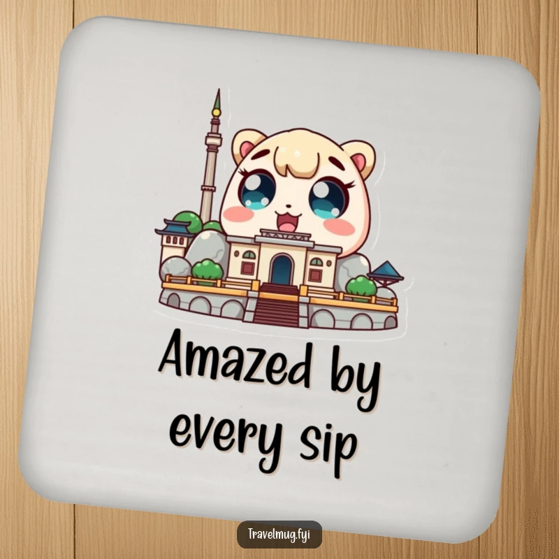 Funny Kawaii character drink coaster showing a cute character with amazed eyes looking at a landmark, protects surfaces with wonder.