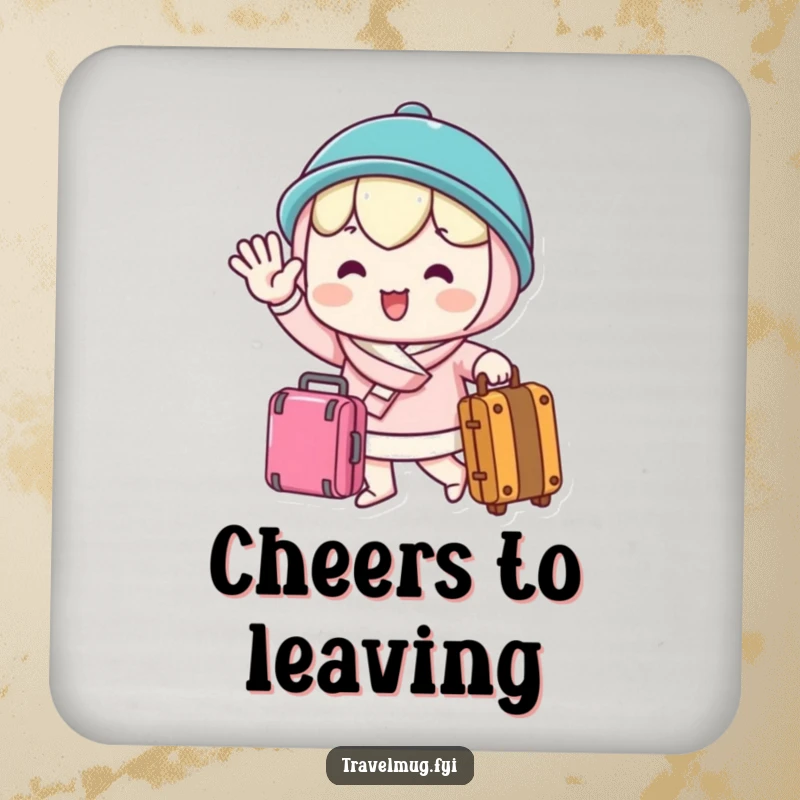 Funny Drink Coaster showcasing a kawaii character waving goodbye cheerfully while holding a suitcase, adding a touch of travel and humor.