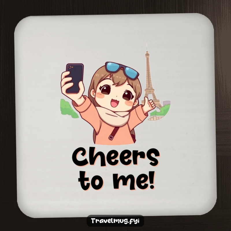 Funny coaster shows a character taking a selfie at a landmark, adding a touch of travel humor to any surface.