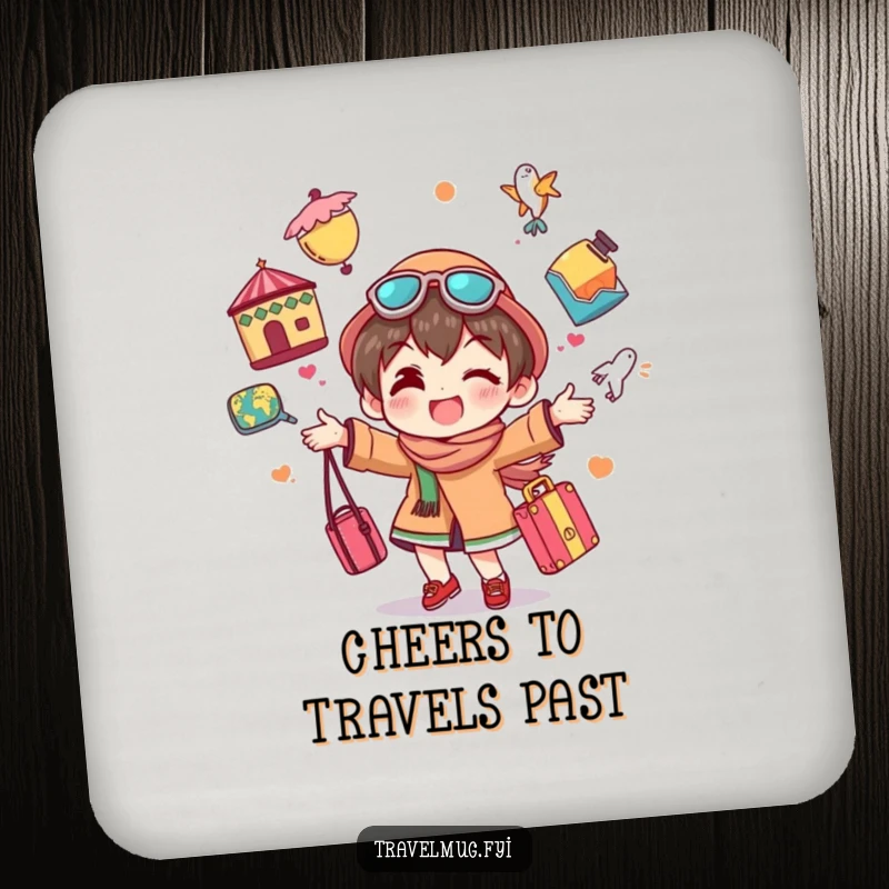Funny drink coaster depicting a character joyfully juggling colorful travel souvenirs, adding humor and charm to tables.